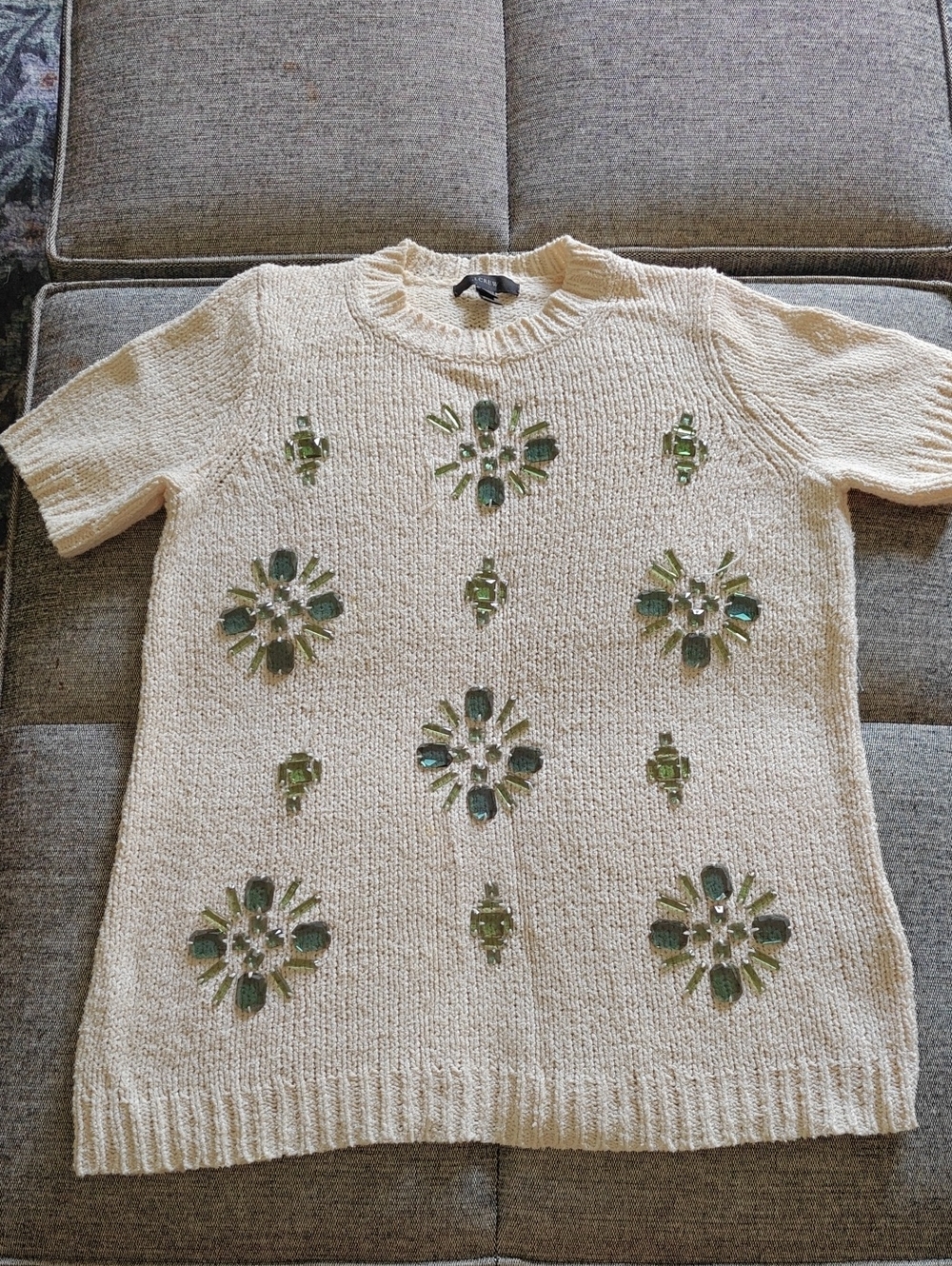 J. Crew Cream Short-Sleeve Sweater with Green Beaded Floral Motifs